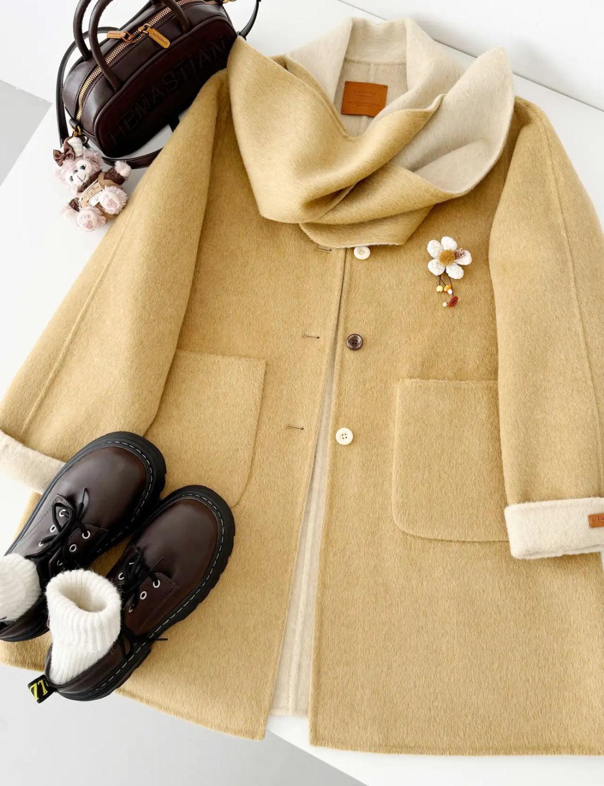 3 Colors - Jade Reversible Wool Coat with Built-In Scarf