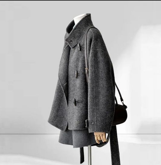 Astra Herringbone Stand Collar Coat - with Lining