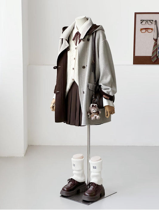 Clara Mid-Length Two-tone Wool Hooded Jacket - Gray