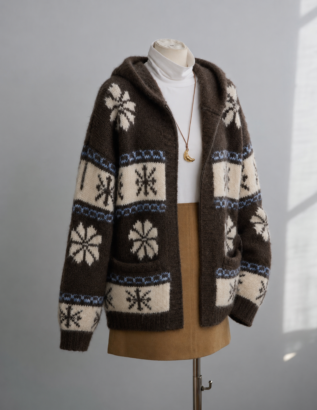 Nordic Hooded Knit Cardigan (Brown)