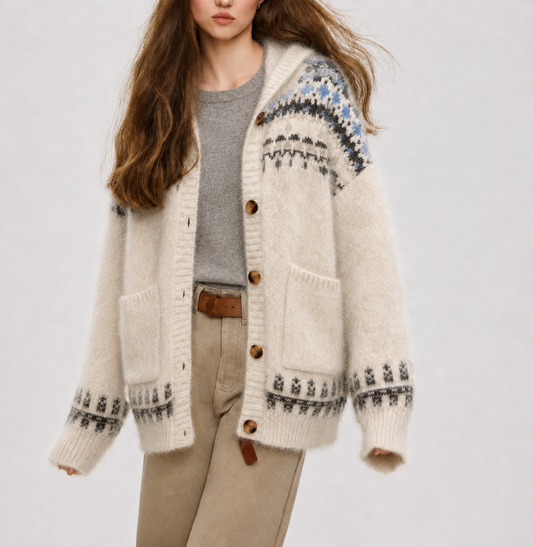 Nordic Fair Isle Hooded Knit Cardigan