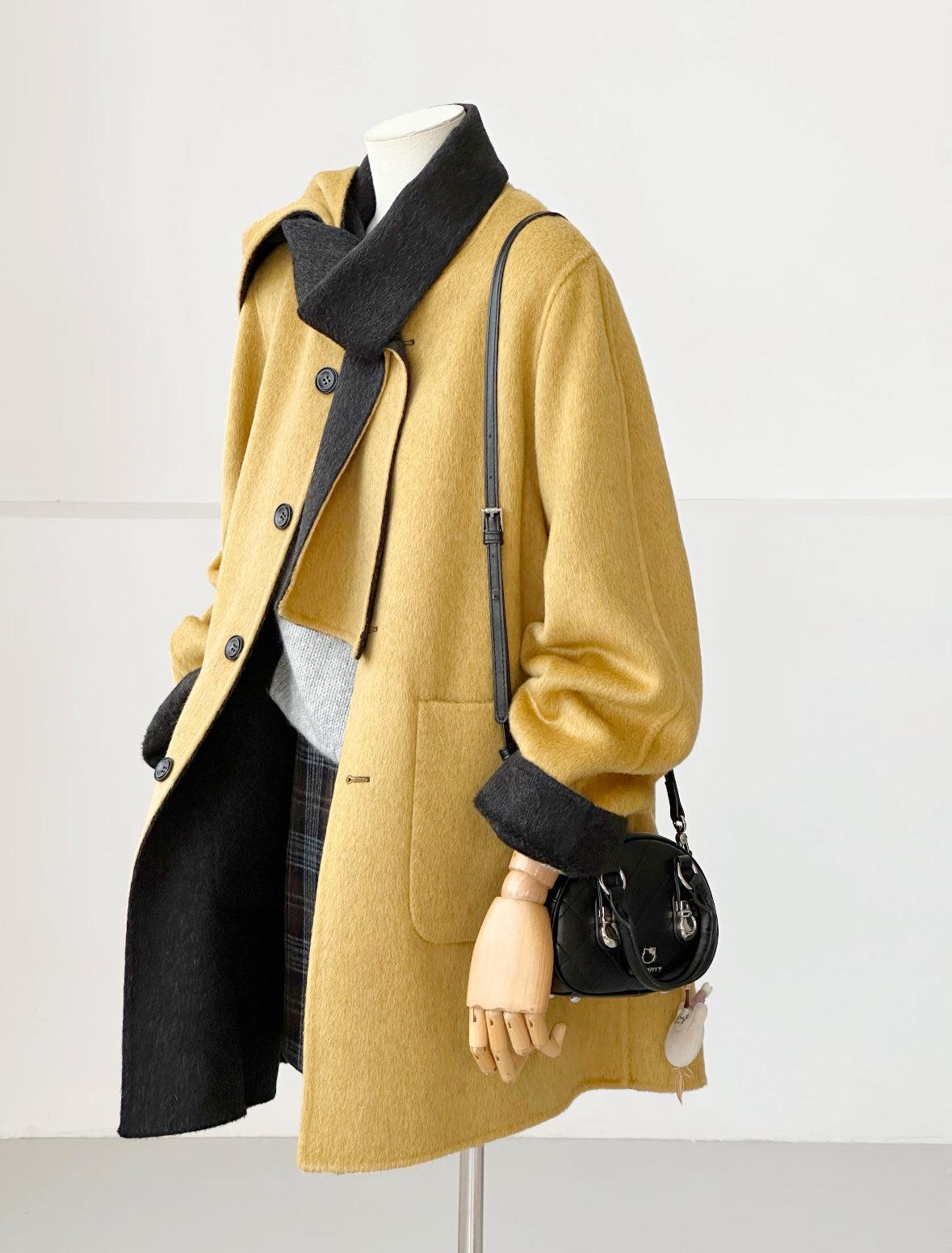 3 Colors - Jade Reversible Wool Coat with Built-In Scarf