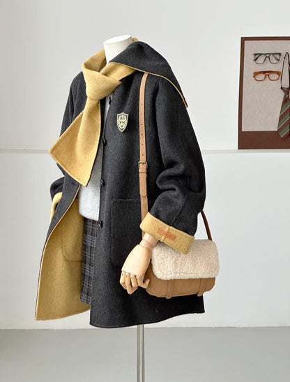 3 Colors - Jade Reversible Wool Coat with Built-In Scarf