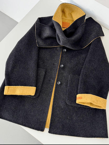 3 Colors - Jade Reversible Wool Coat with Built-In Scarf
