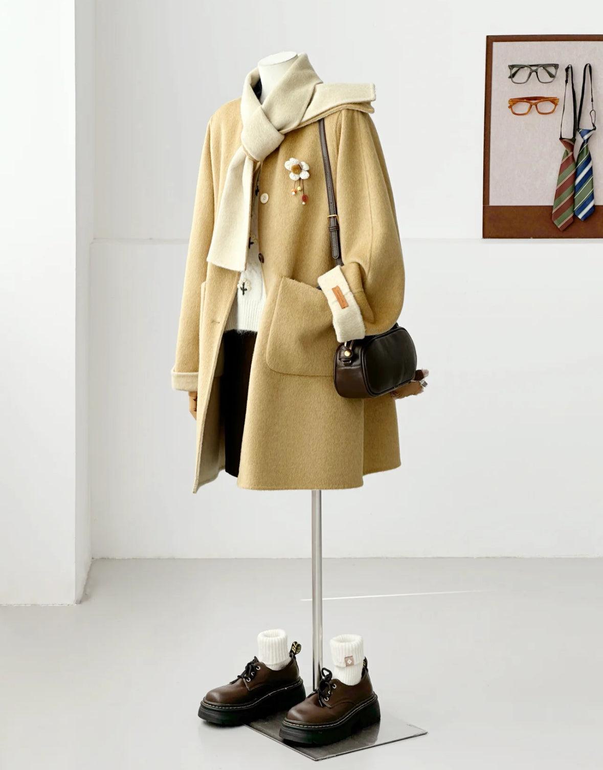 3 Colors - Jade Reversible Wool Coat with Built-In Scarf