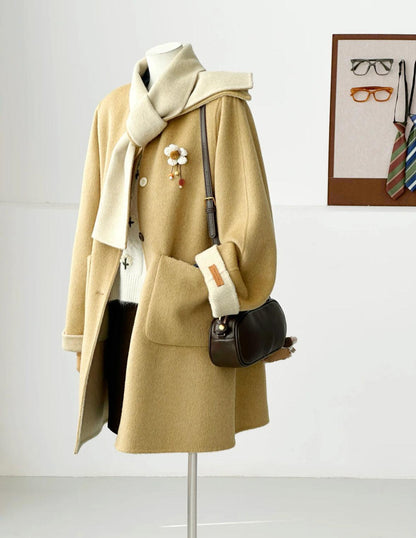 3 Colors - Jade Reversible Wool Coat with Built-In Scarf