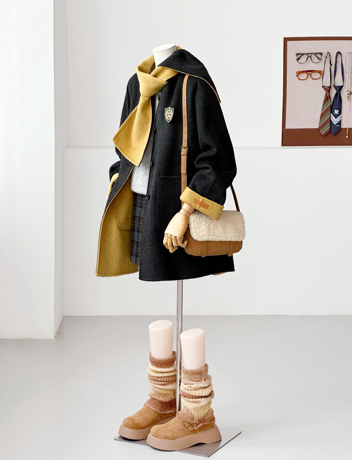 3 Colors - Jade Reversible Wool Coat with Built-In Scarf