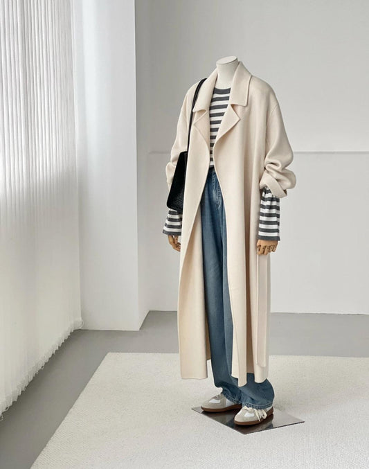 3 Sizes - Colin Belted Wool Wrap Coat - Cream