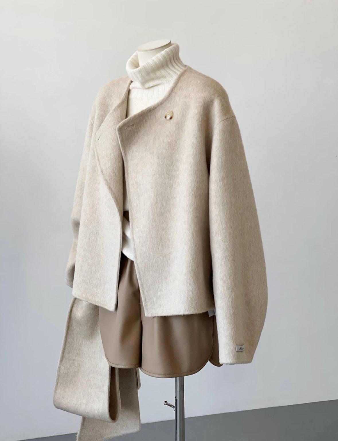 4 Colors - Vela Short Loose Cardigan Wool Coat with Scarf