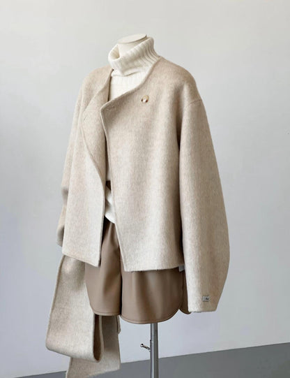 4 Colors - Vela Short Loose Cardigan Wool Coat with Scarf