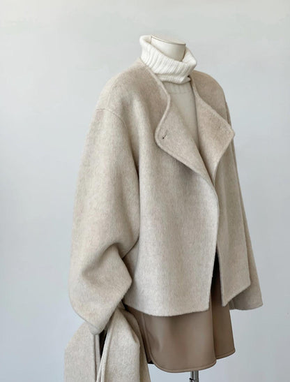 4 Colors - Vela Short Loose Cardigan Wool Coat with Scarf