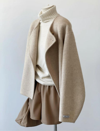 4 Colors - Vela Short Loose Cardigan Wool Coat with Scarf