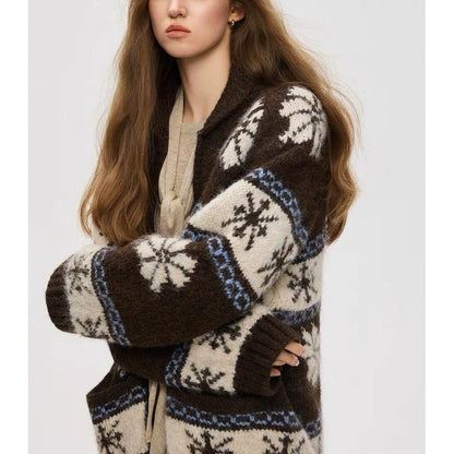 Nordic Hooded Knit Cardigan (Brown)