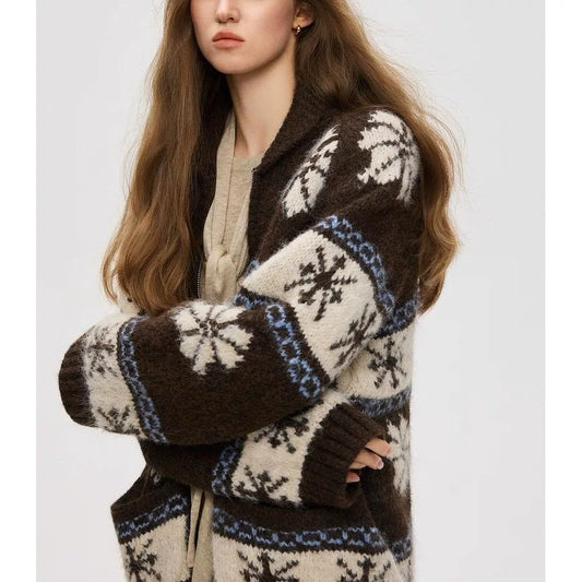 Nordic Hooded Knit Cardigan - Brown