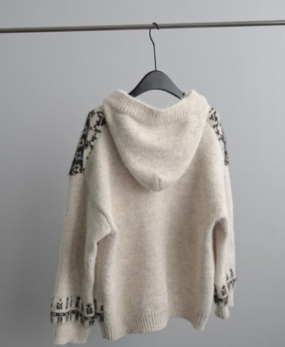 Cream Nordic Fair Isle hooded knit cardigan, wool & alpaca blend, with dark patterned sleeves.