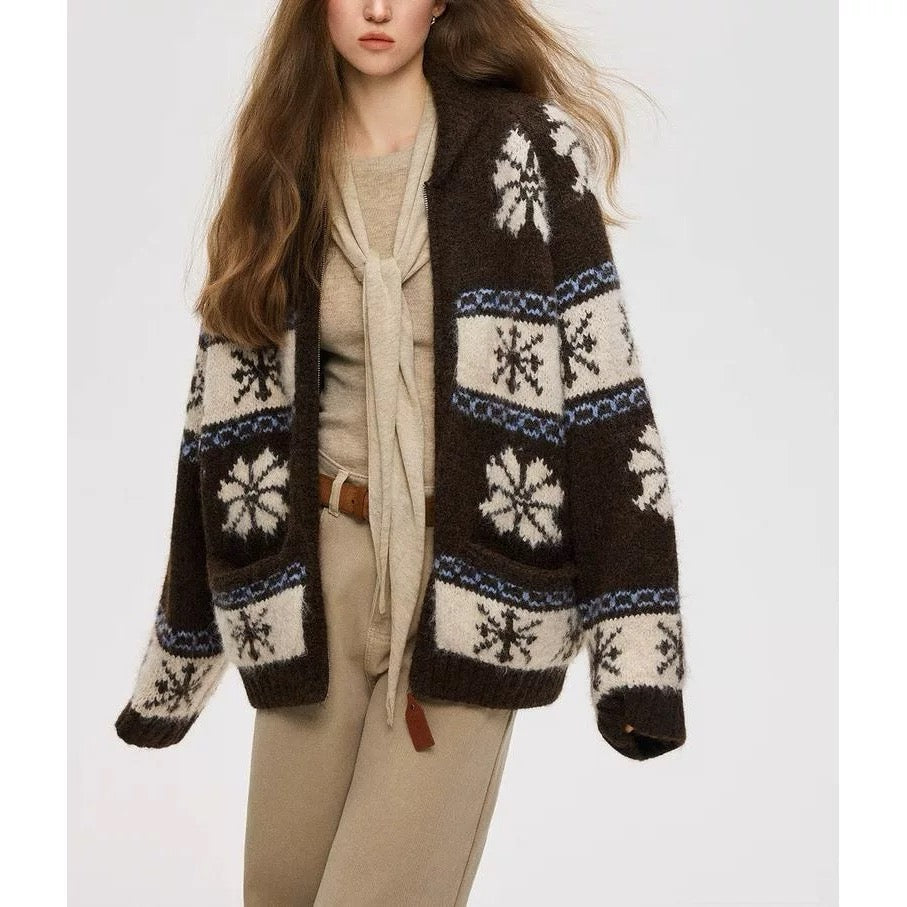 Nordic Hooded Knit Cardigan (Brown)