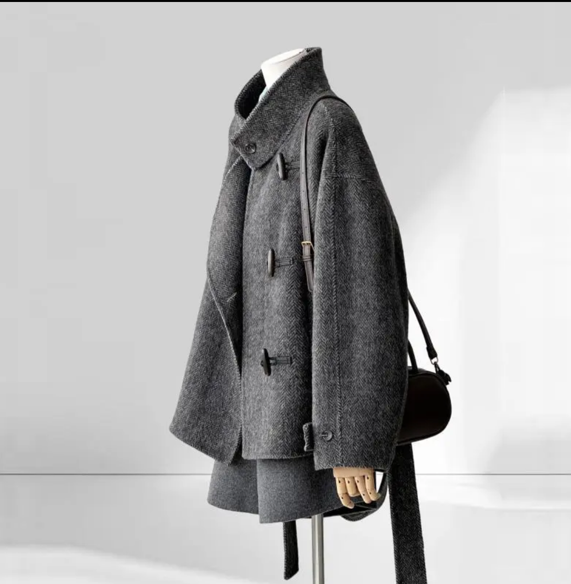 Astra Herringbone Stand Collar Coat - with Lining