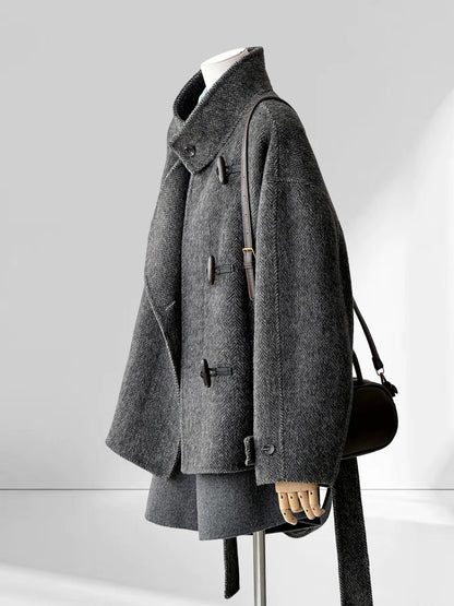 Astra Herringbone Stand Collar Coat - with Lining