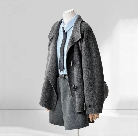 Astra Herringbone Stand Collar Coat - with Lining