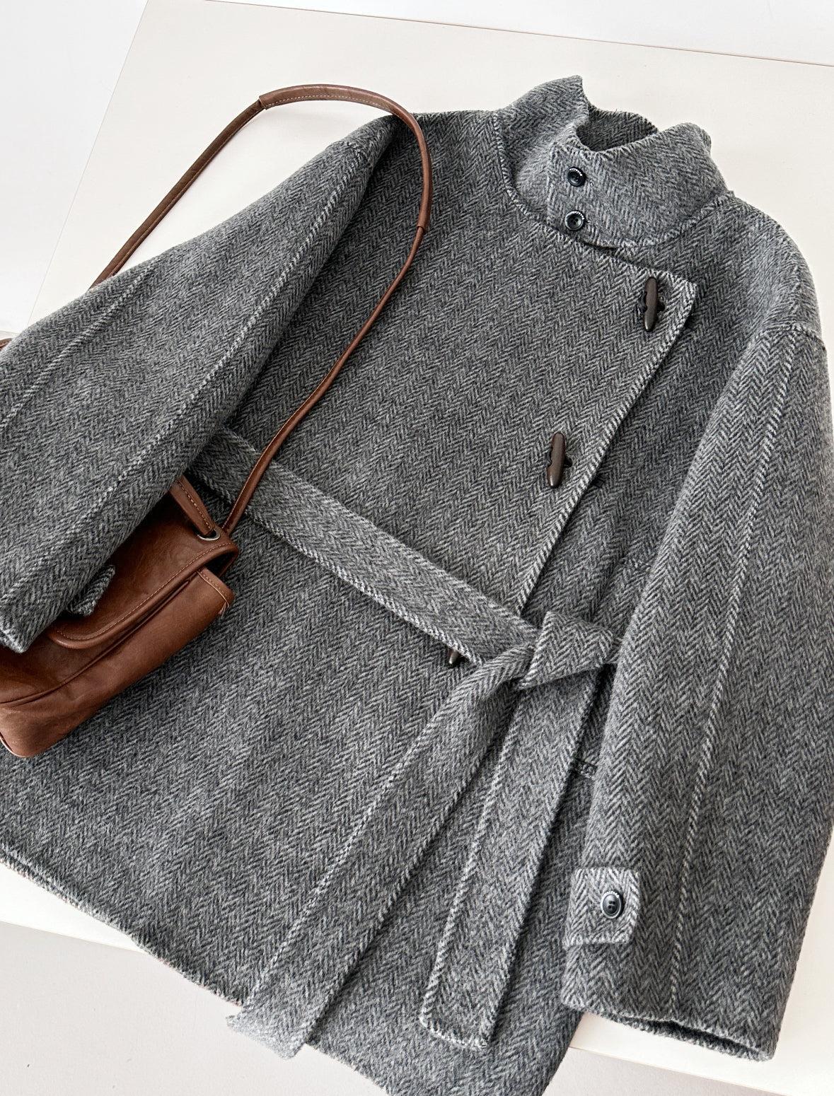Astra Herringbone Stand Collar Coat - with Lining