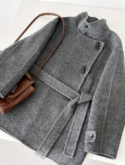 Astra Herringbone Stand Collar Coat - with Lining