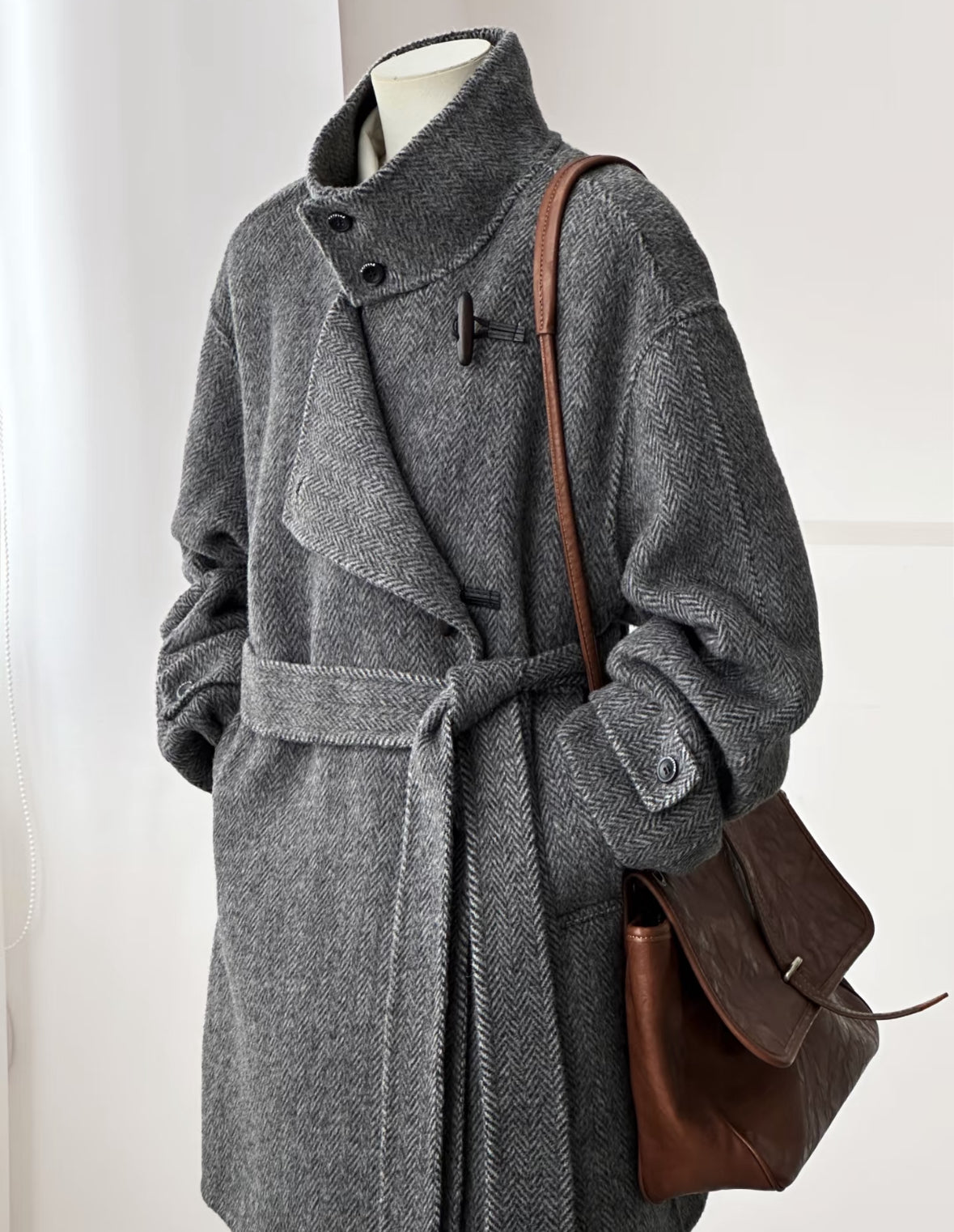 Astra Herringbone Stand Collar Coat - with Lining