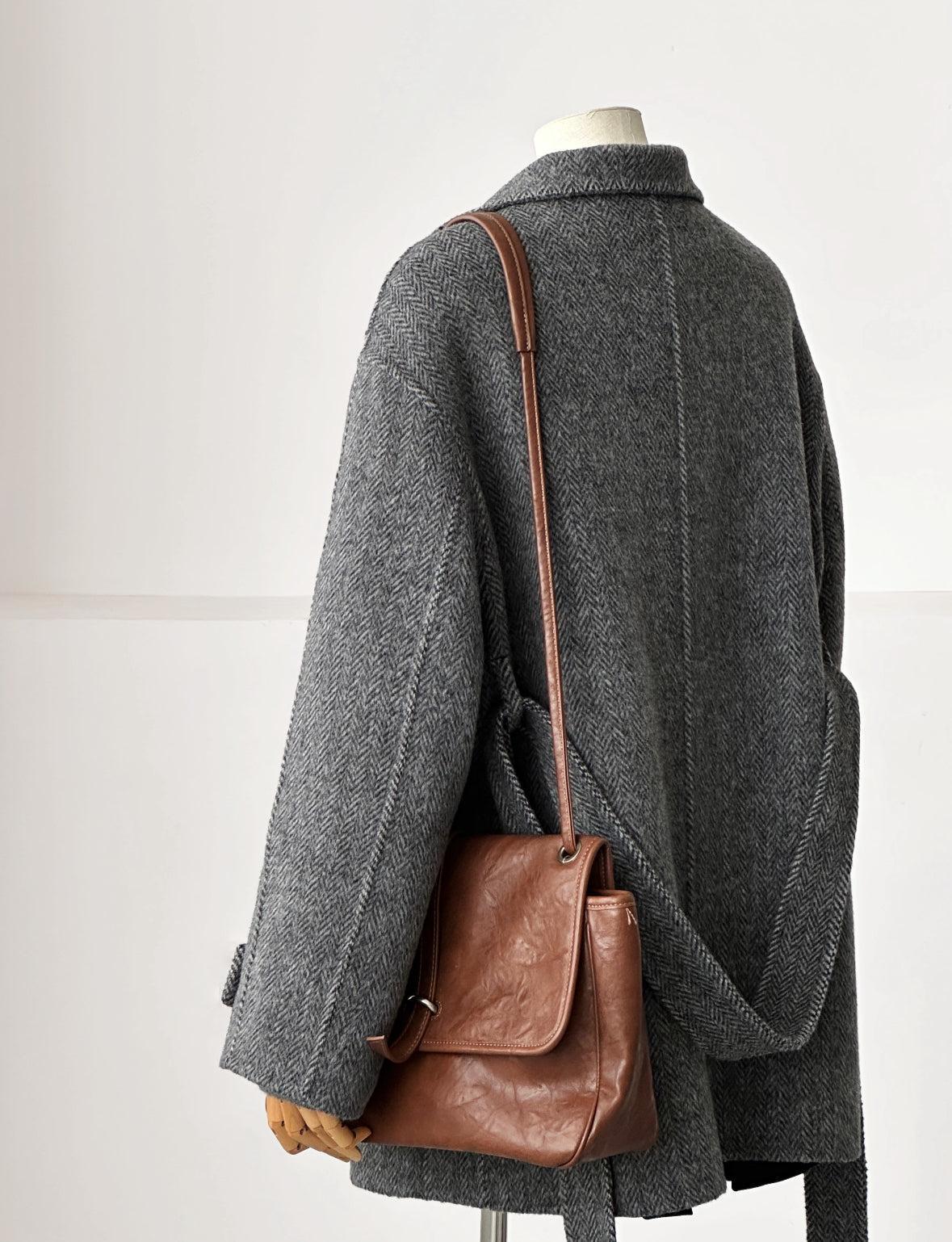 Astra Herringbone Stand Collar Coat - with Lining