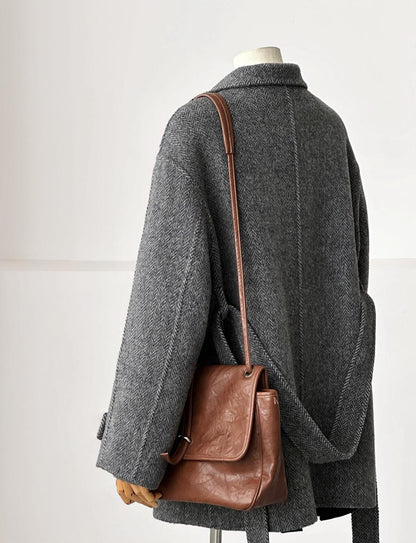 Astra Herringbone Stand Collar Coat - with Lining