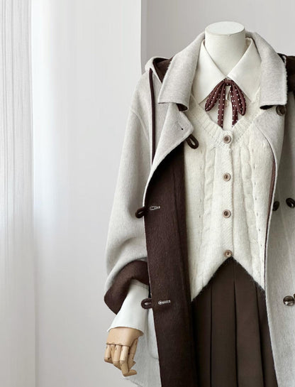 Clara Mid-Length Two-tone Wool Hooded Jacket - Gray