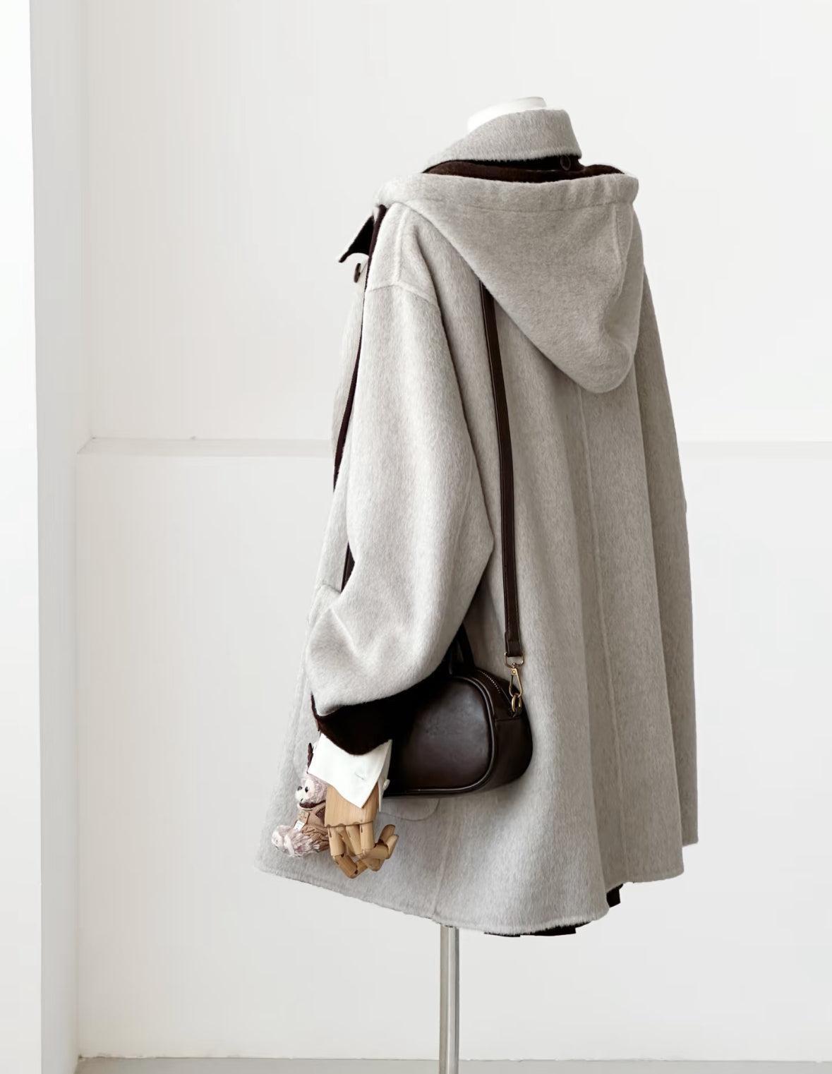Clara Mid-Length Two-tone Wool Hooded Jacket - Gray