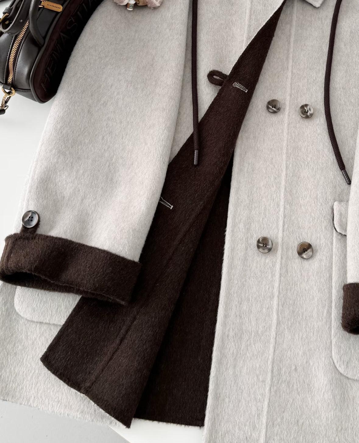 Clara Mid-Length Two-tone Wool Hooded Jacket - Gray