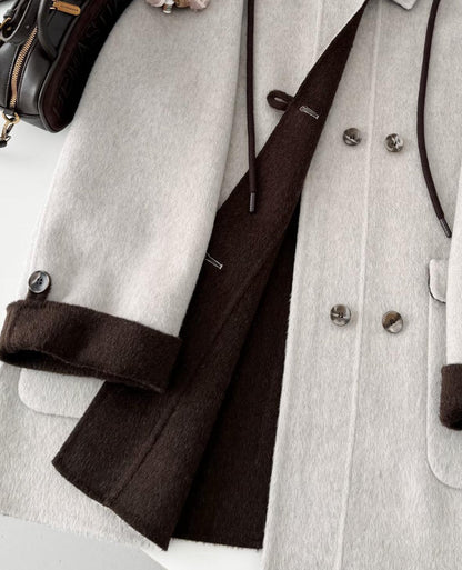 Clara Mid-Length Two-tone Wool Hooded Jacket - Gray