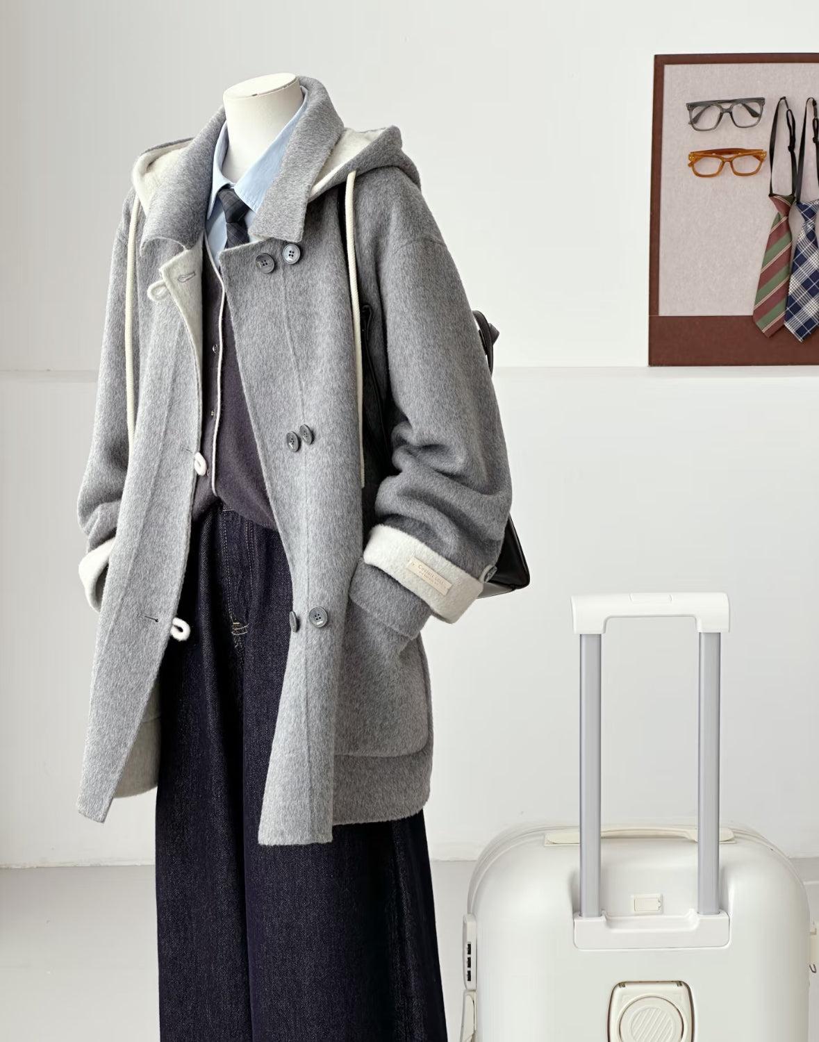 Clara Mid-Length Two-tone Wool Hooded Jacket - Gray