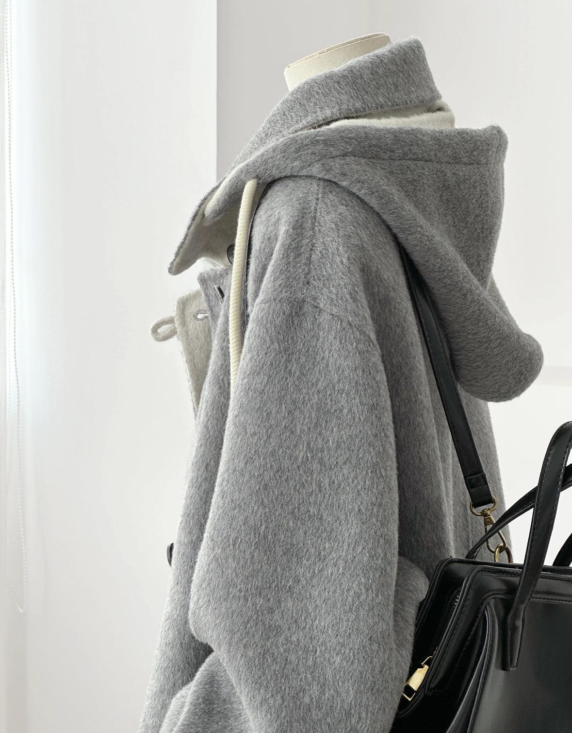 Clara Mid-Length Two-tone Wool Hooded Jacket - Gray