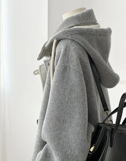 Clara Mid-Length Two-tone Wool Hooded Jacket - Gray