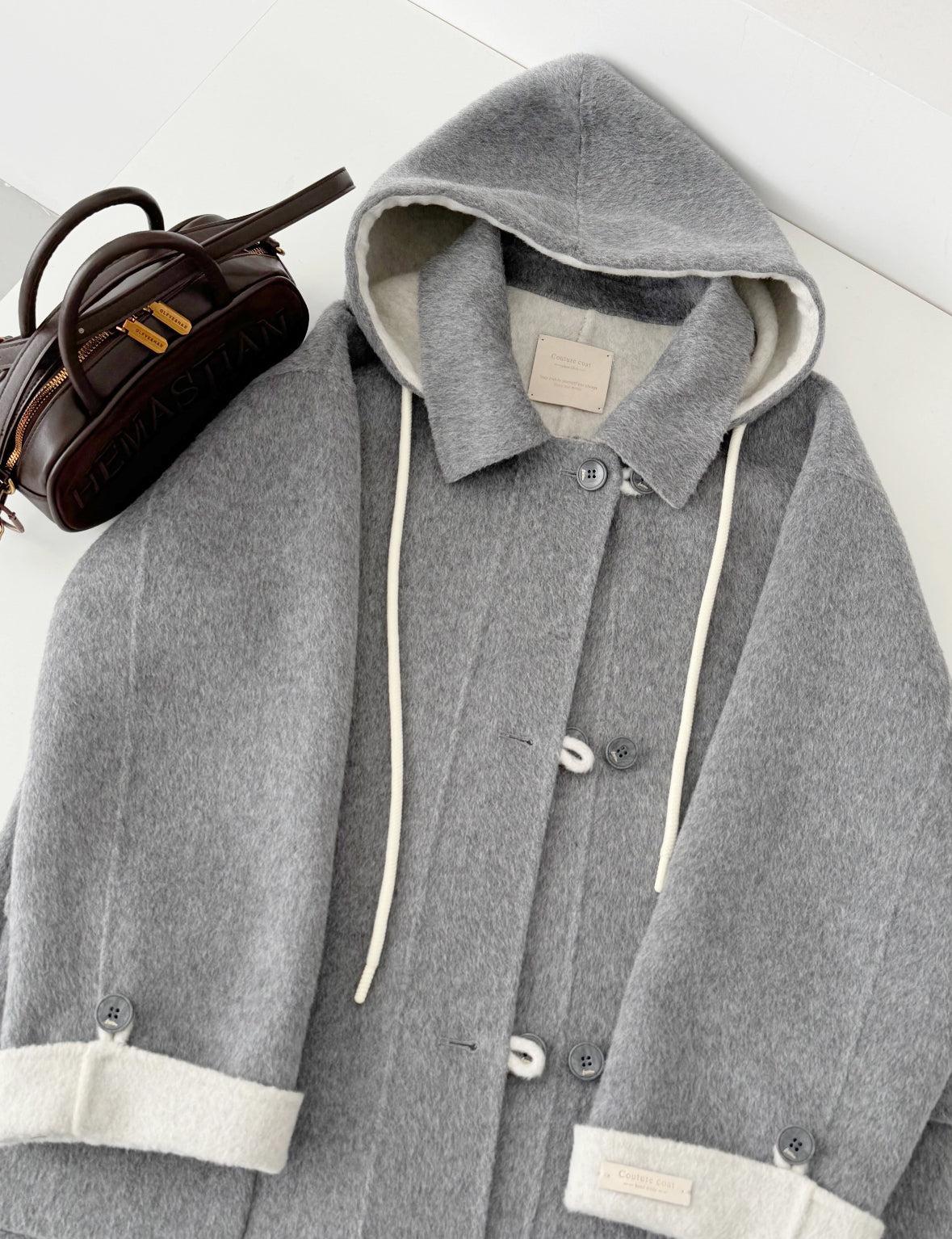 Clara Mid-Length Two-tone Wool Hooded Jacket - Gray
