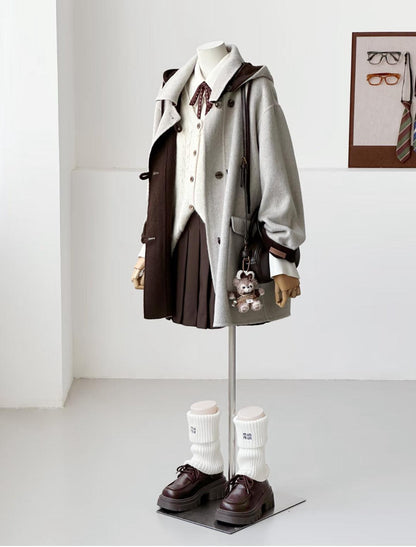Clara Mid-Length Two-tone Wool Hooded Jacket - Gray