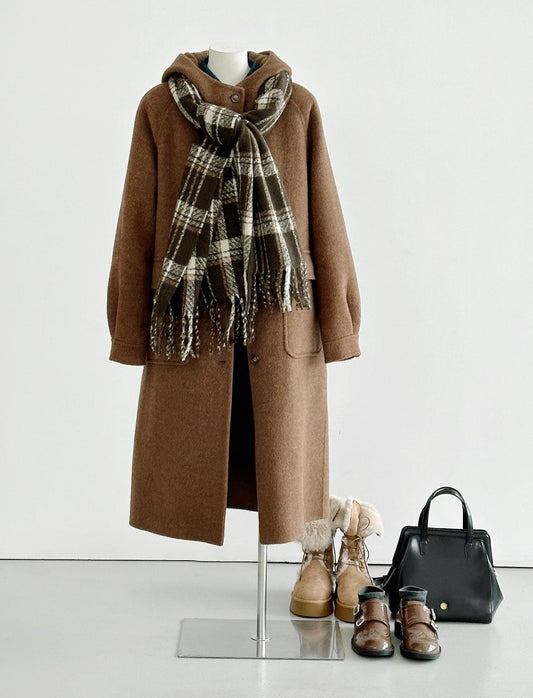 Clover Hooded Longline Wool Coat - Brown