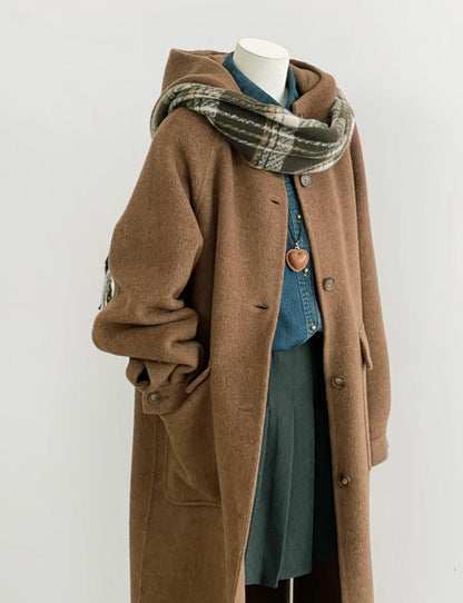 Clover Hooded Longline Wool Coat - Brown