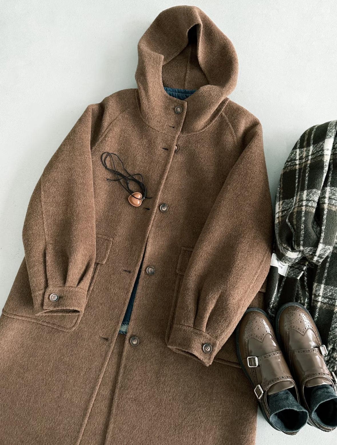 Clover Hooded Longline Wool Coat - Brown
