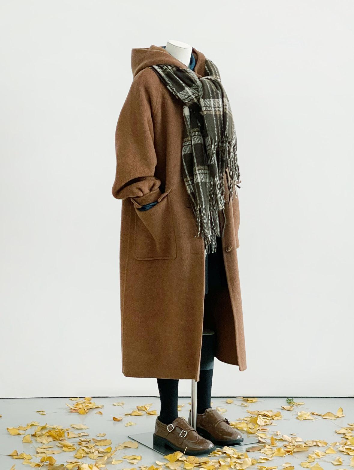 Clover Hooded Longline Wool Coat - Brown