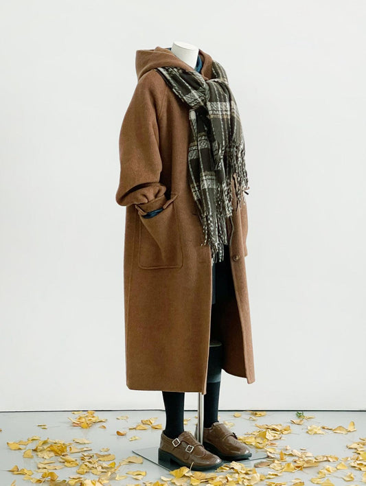 Clover Hooded Longline Wool Coat - Brown