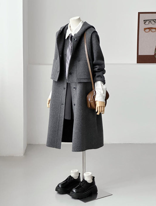 Dualis 3 in 1 longline wool coat and vest set- 2 Colors