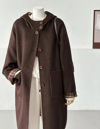 Fern Longline Hooded Duffle Coat - Brown Plaid