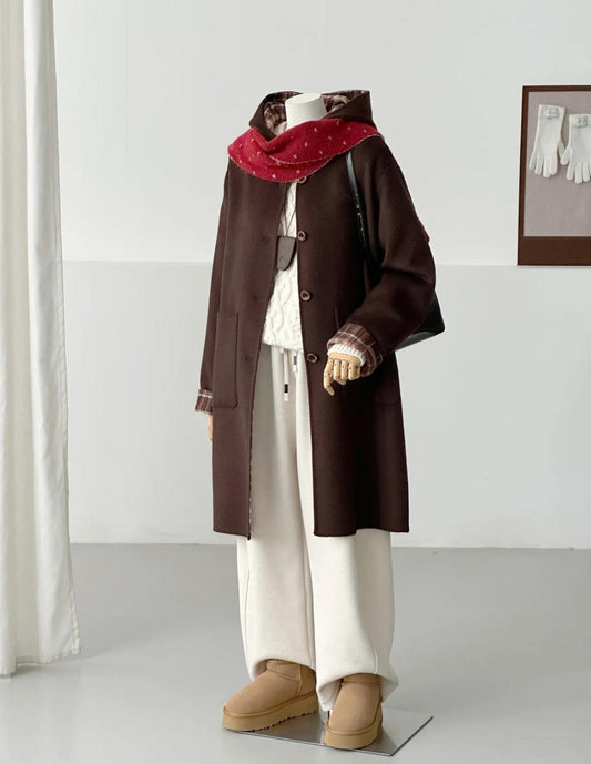 Fern Longline Hooded Duffle Coat - Brown Plaid