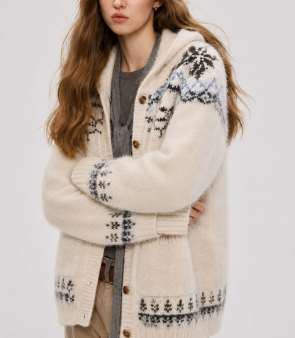 Nordic Fair Isle Hooded Knit Cardigan