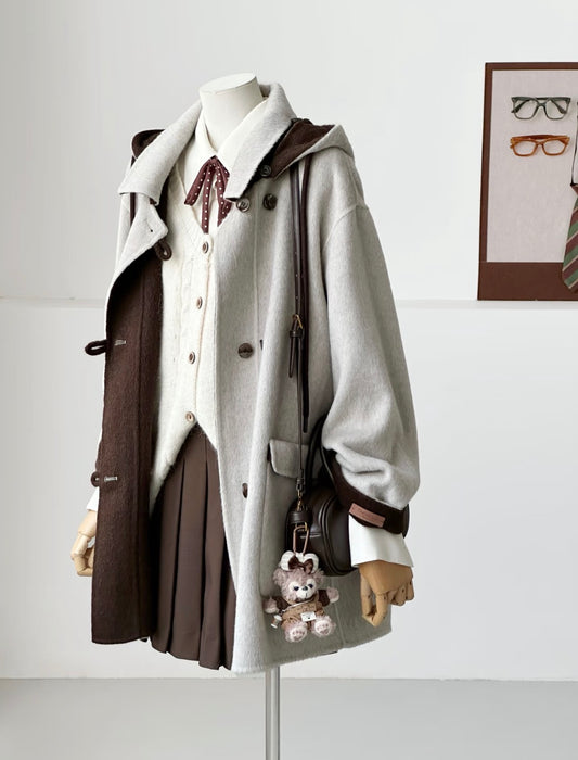 Gray Clara mid-length two-tone wool hooded jacket with brown interior, styled on a mannequin.