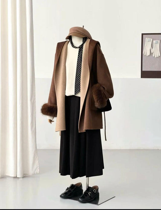 Laurel Two-tone Belted Wrap Coat