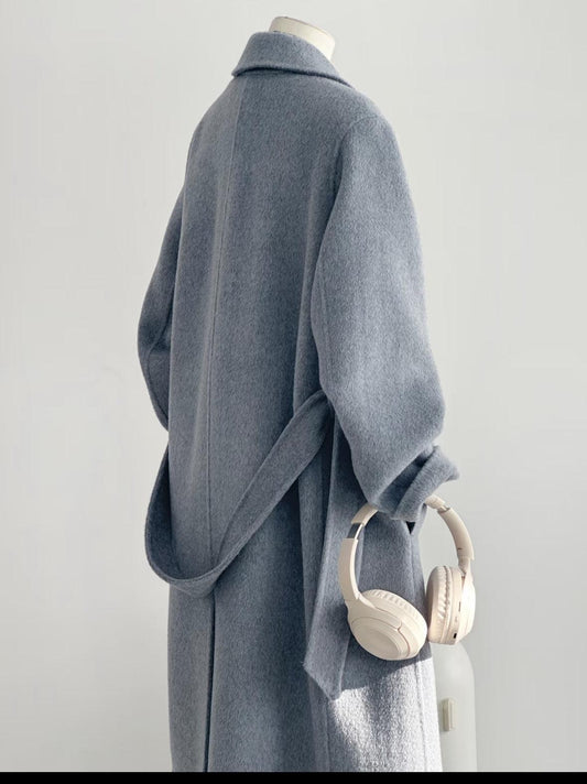 Mist Longline Belted Wool Coat - Gray Blue