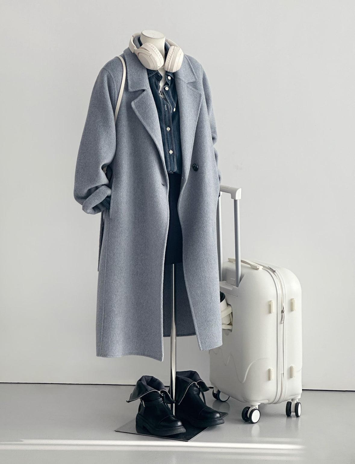 Mist Longline Belted Wool Coat - Gray Blue